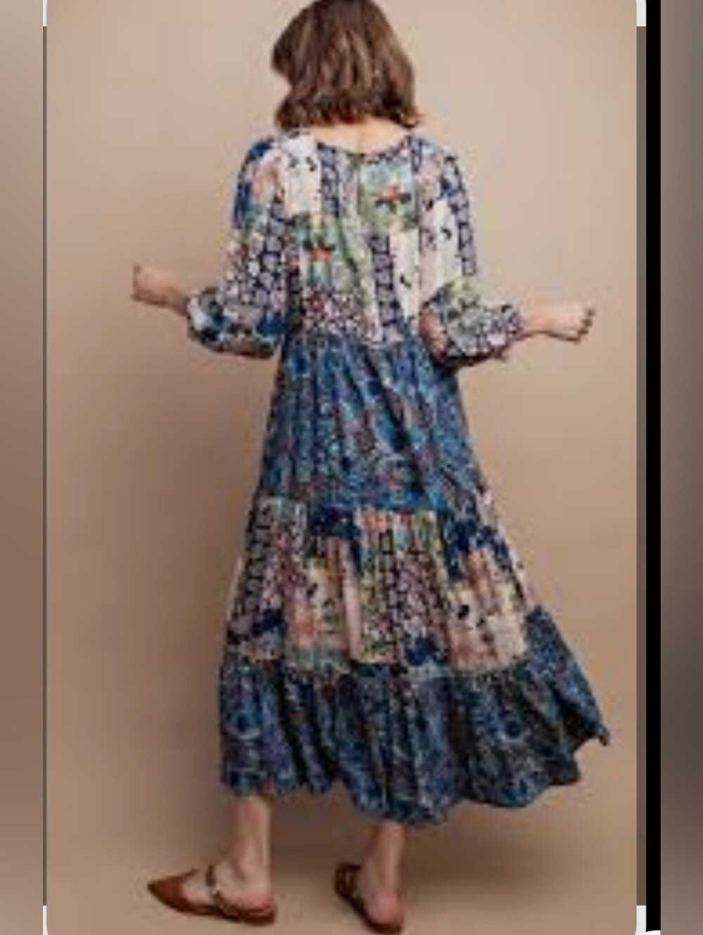 GiGiO Midnight Blue Mixed Print Tiered Floral Paisley Peasant Midi Dress Small - Picture 7 of 12